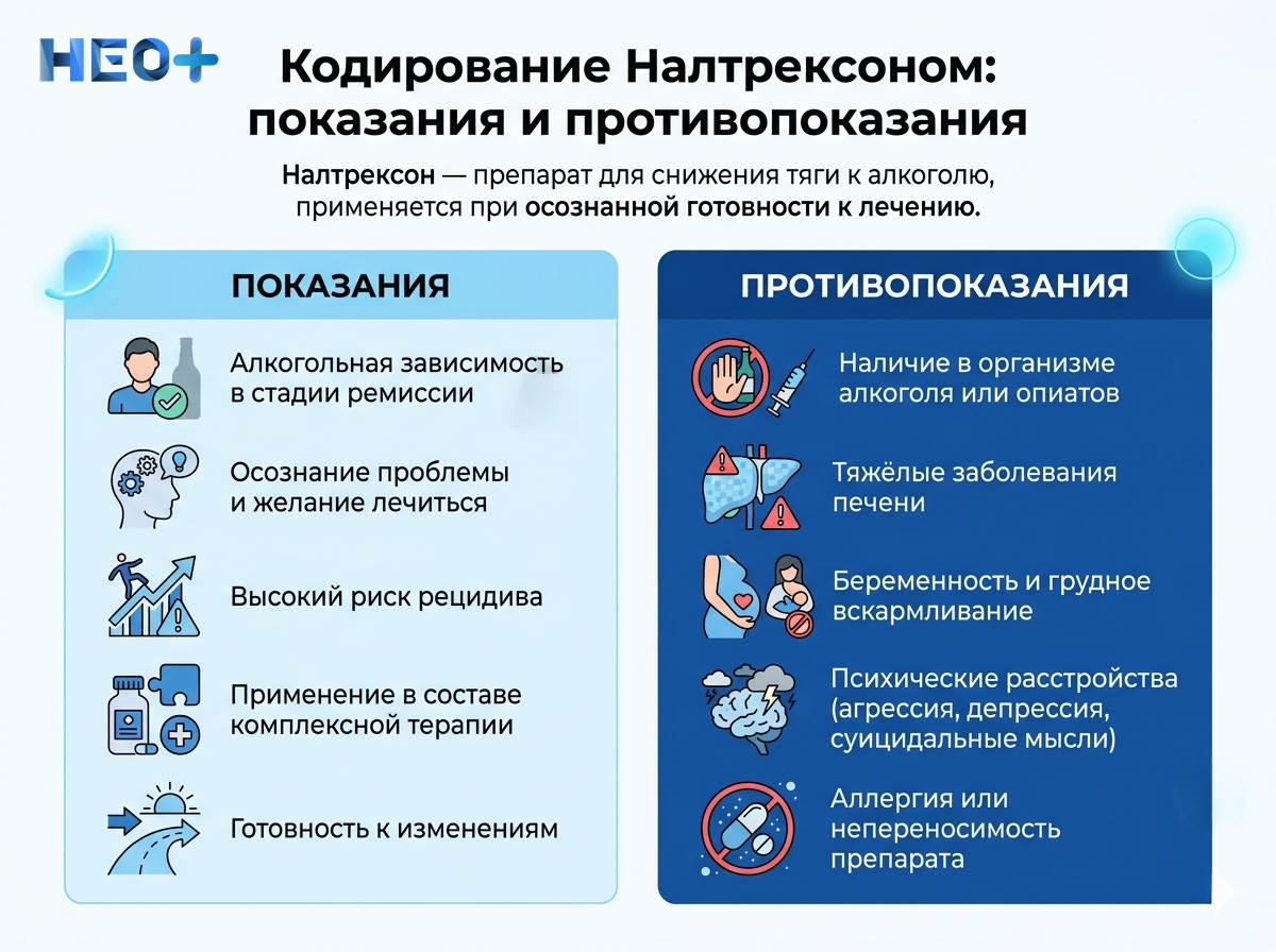 Кодирование Налтрексоном: показания и противопоказания